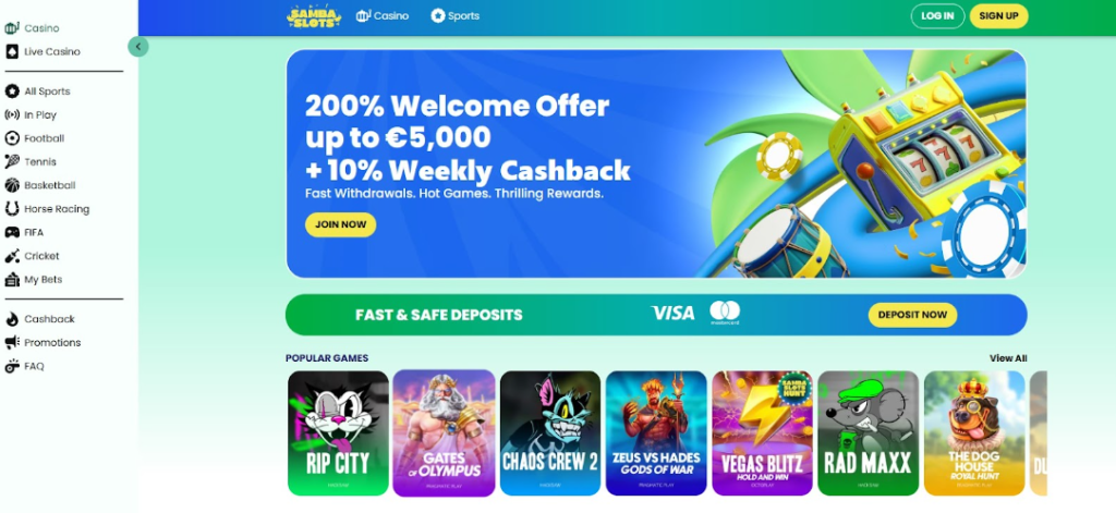 Colorful welcome bonus interface from Samba Slots featuring a tropical design, 200% match offer, and safe deposits—ideal for real money slots site seekers. Samba Slots Tropical Bonus Page – Real Money Slots Sites